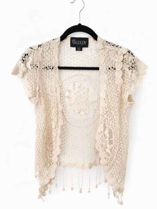 Sweaters - Crochet Lace Kimono Vest Cream Fringe Festival Cover Up M